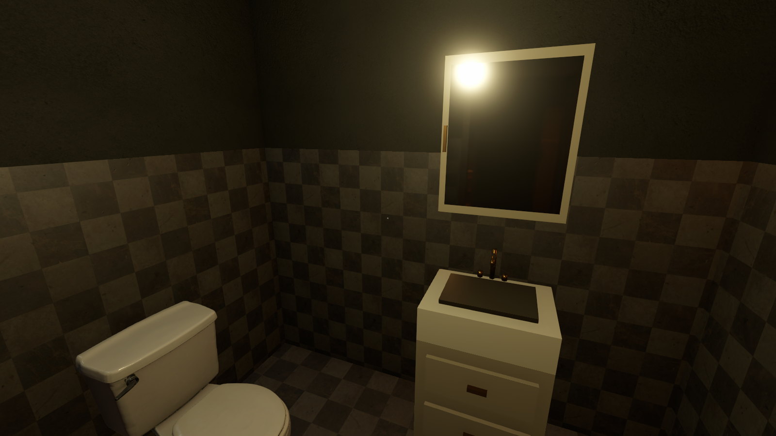 The bathroom, with the light over the mirror