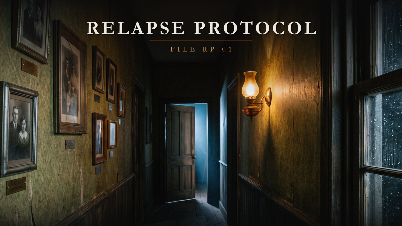 Relapse Protocol: the hallway of the house at night, with the wall lamp flickering